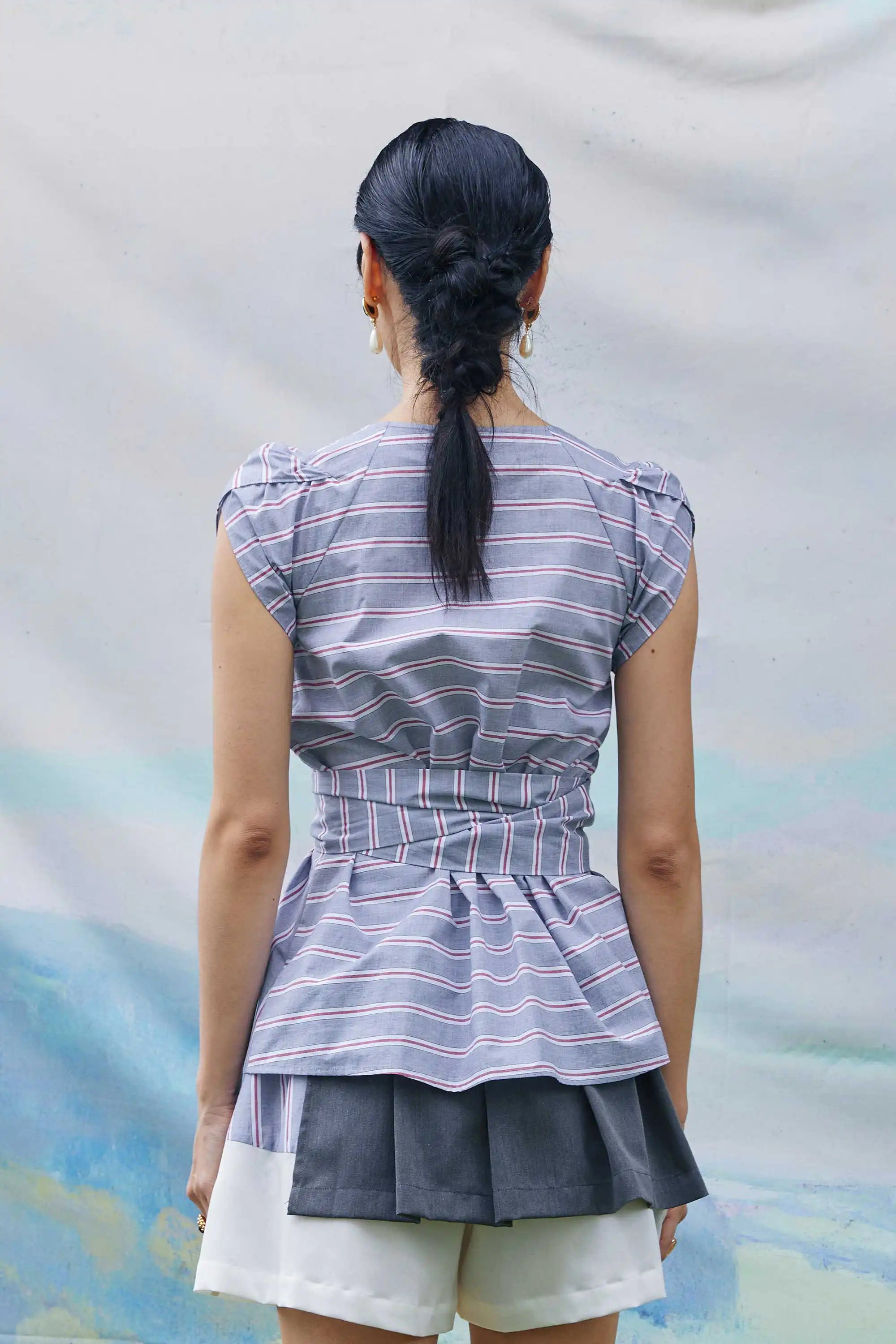 Criss-Cross Tulip Top (Light Grey Stripes)