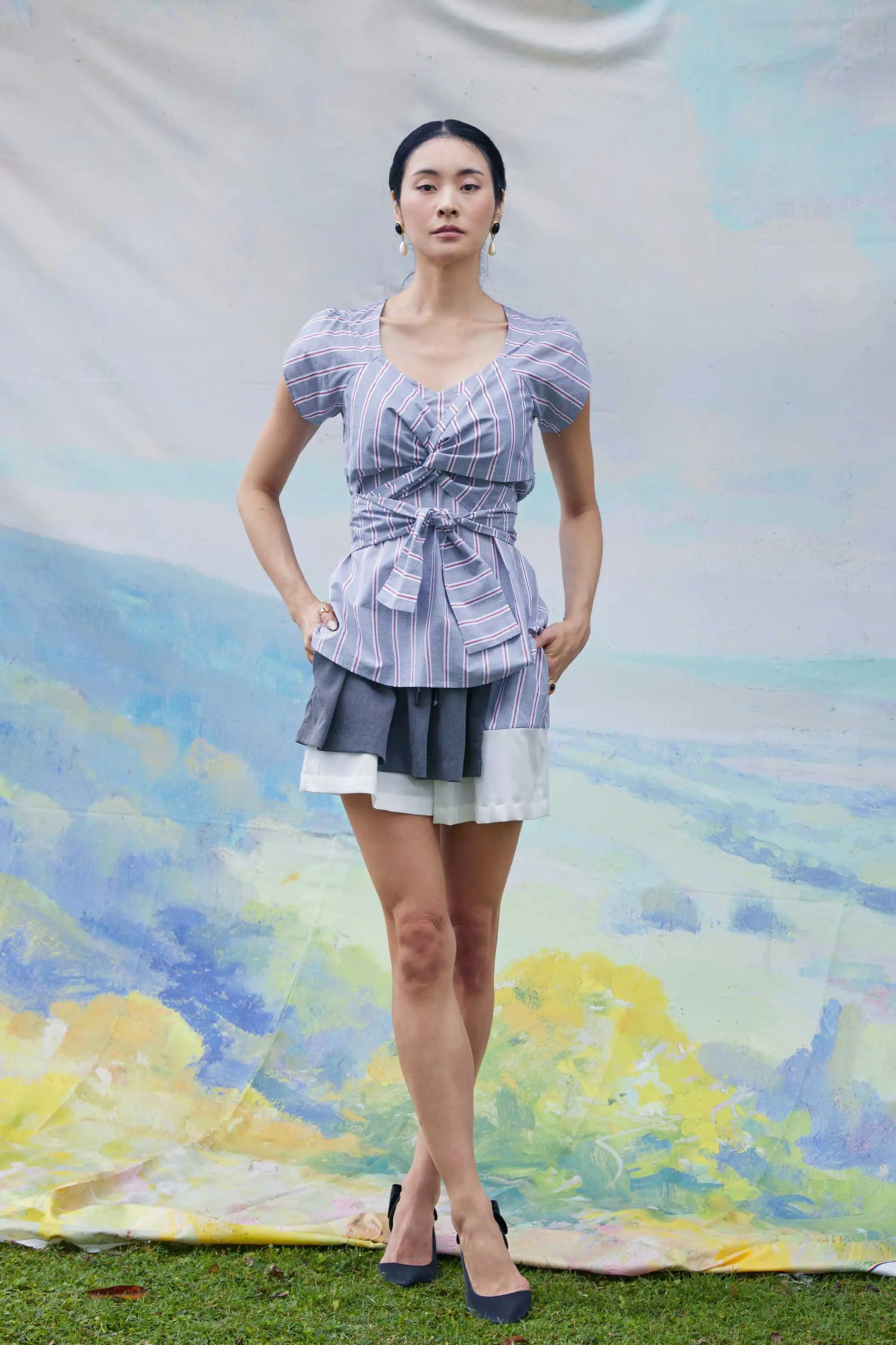 Criss-Cross Tulip Top (Light Grey Stripes)