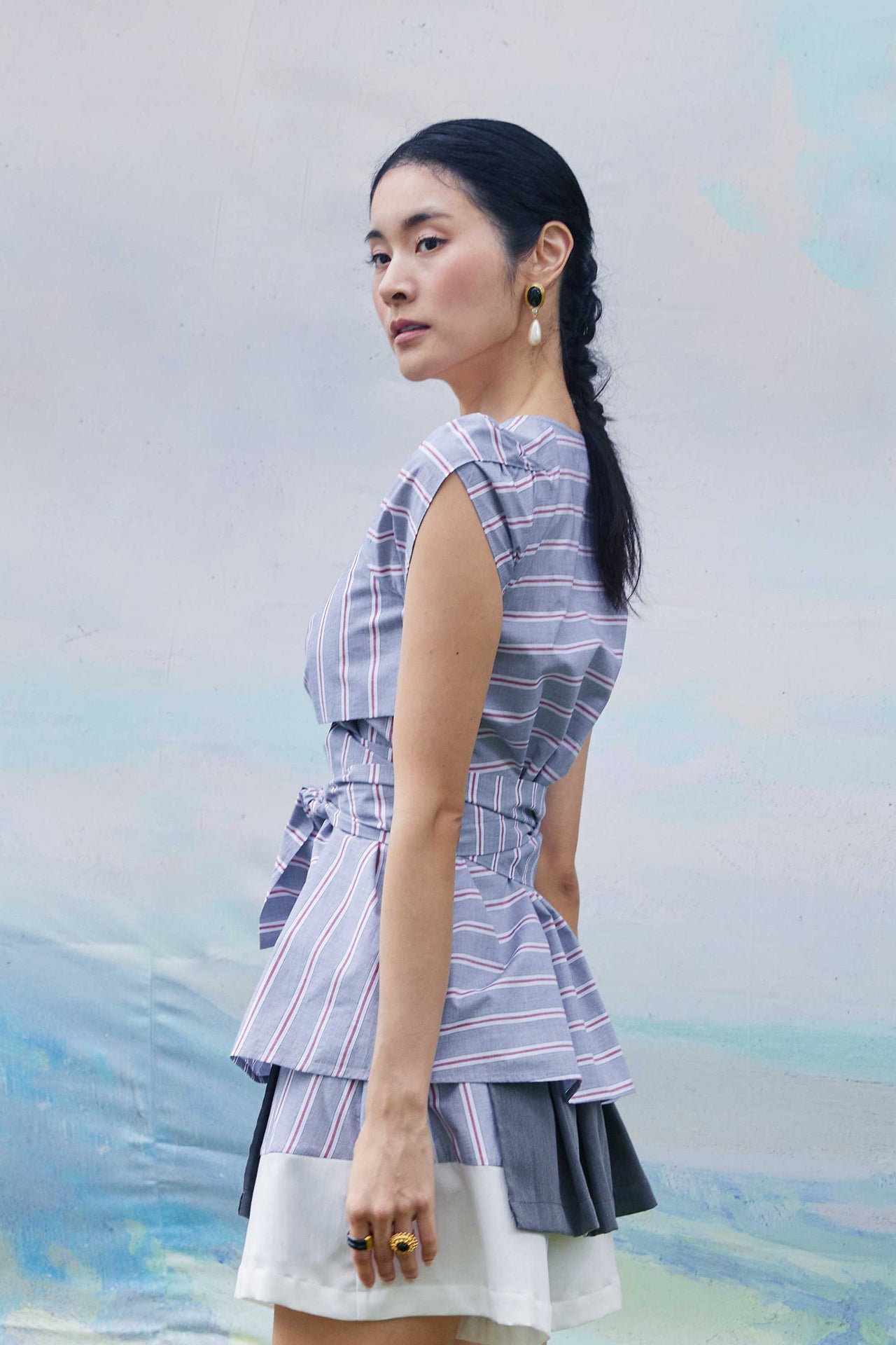 Criss-Cross Tulip Top (Light Grey Stripes)