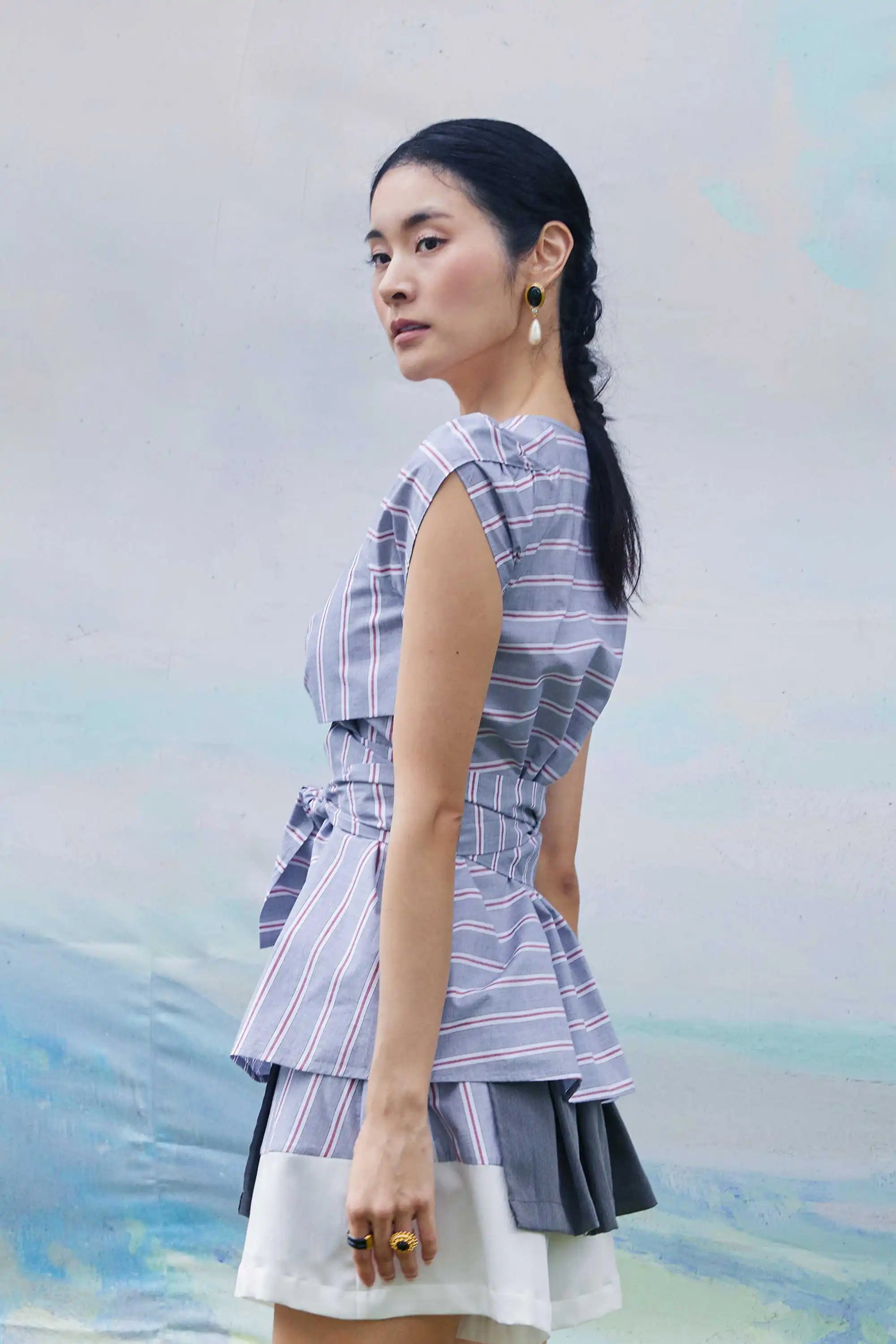 Criss-Cross Tulip Top (Light Grey Stripes)