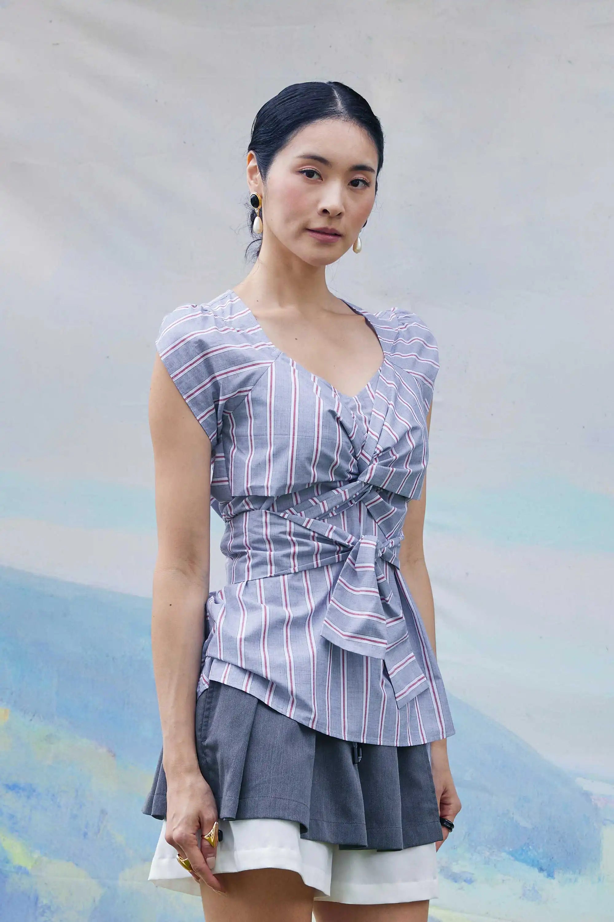 Criss-Cross Tulip Top (Light Grey Stripes)