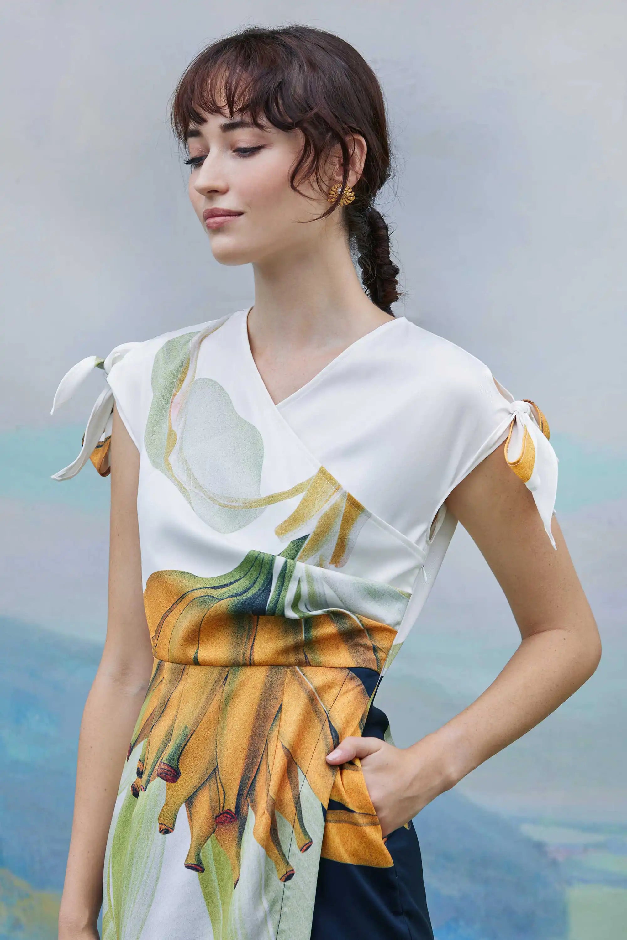 Knotted Sleeves Faux Wrap Midi (Banana)
