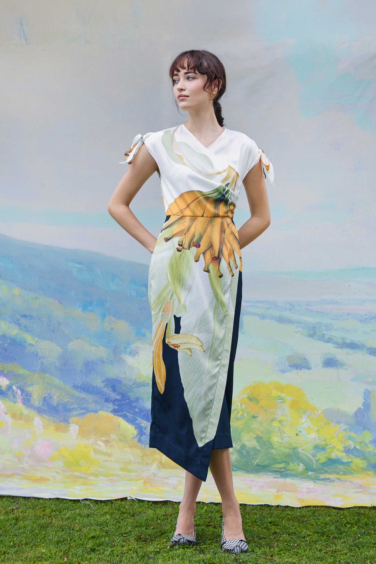 Knotted Sleeves Faux Wrap Midi (Banana)