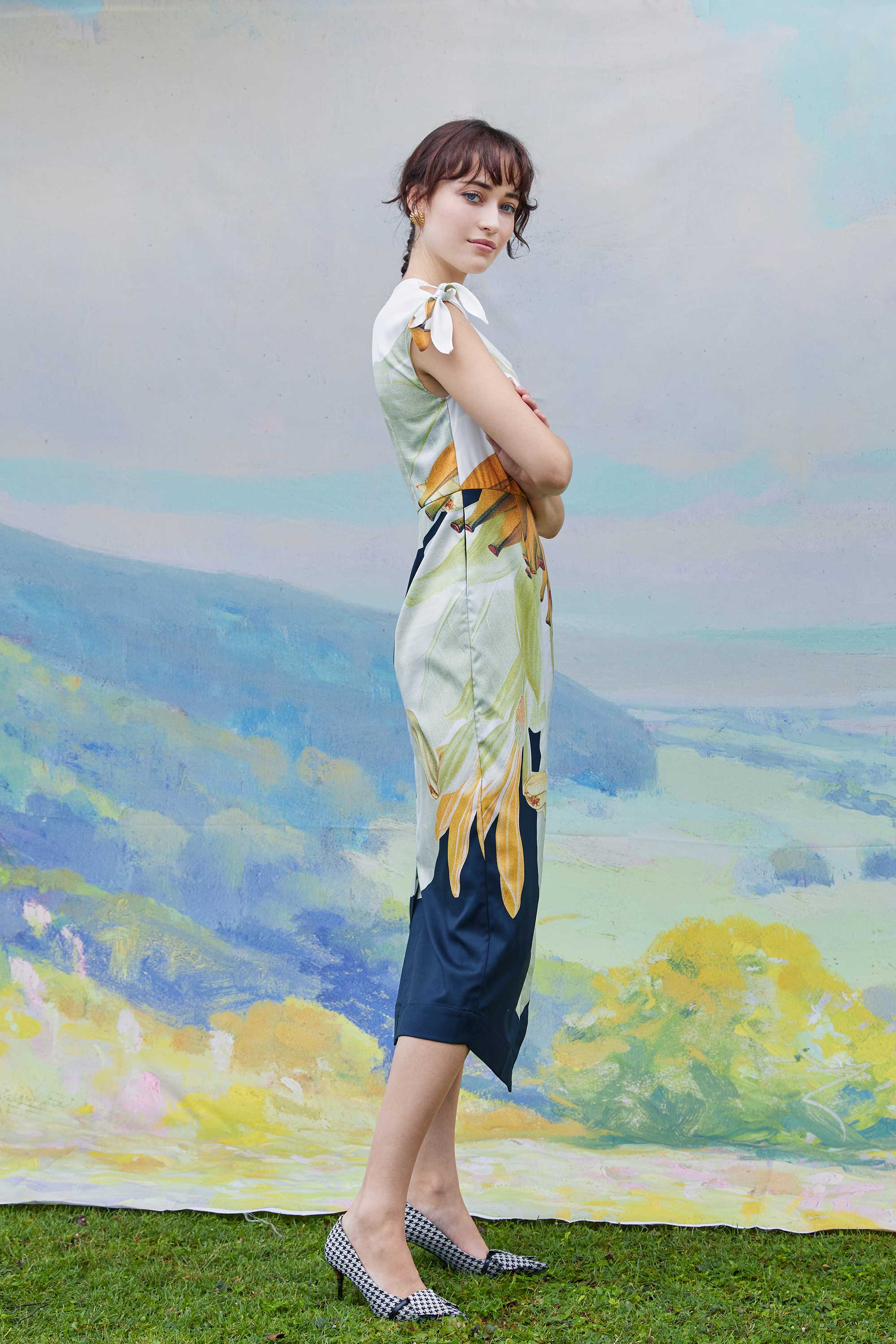 Knotted Sleeves Faux Wrap Midi (Banana)