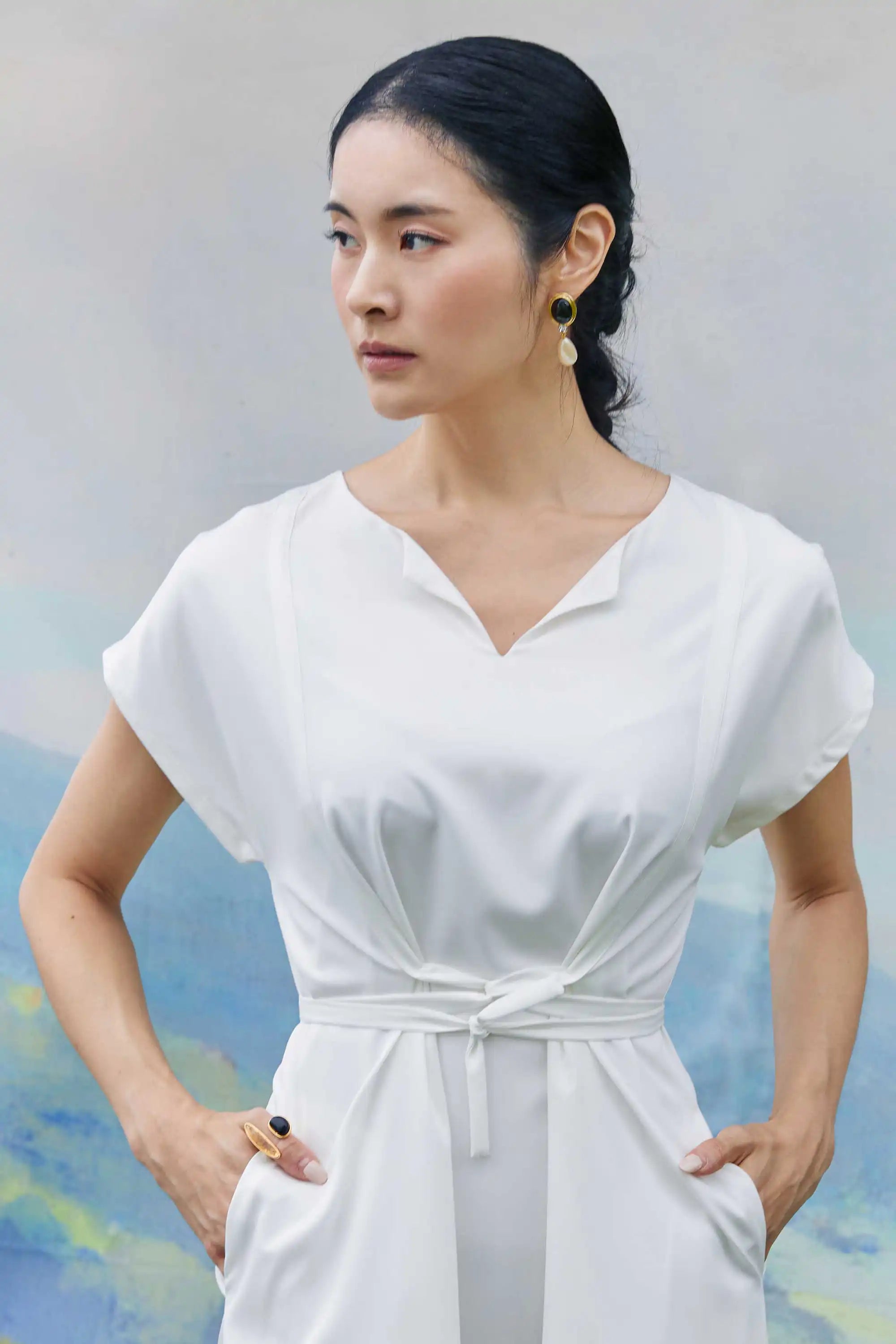 Snatch Waist Border Tea Dress (White)