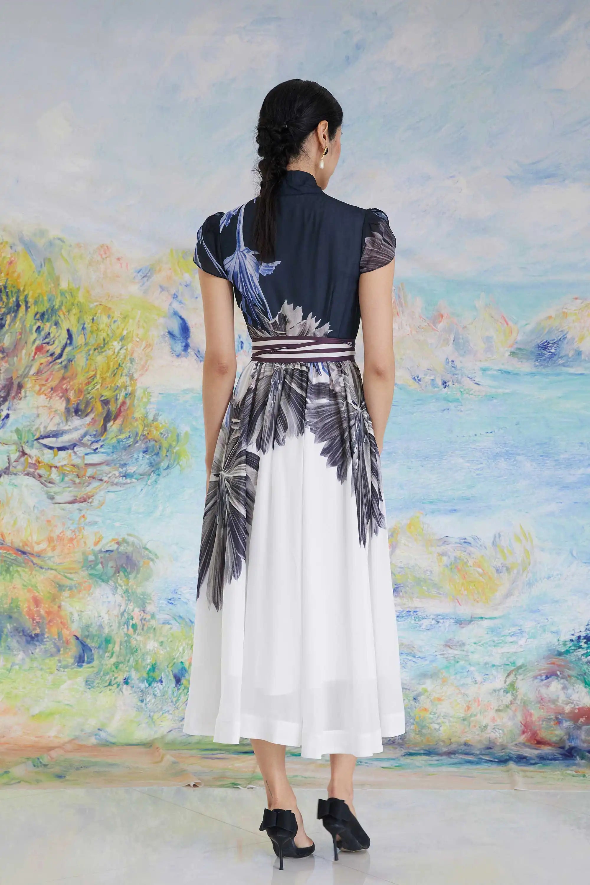 Snowdrop Sleeves Bow Tea Dress (Chicory)