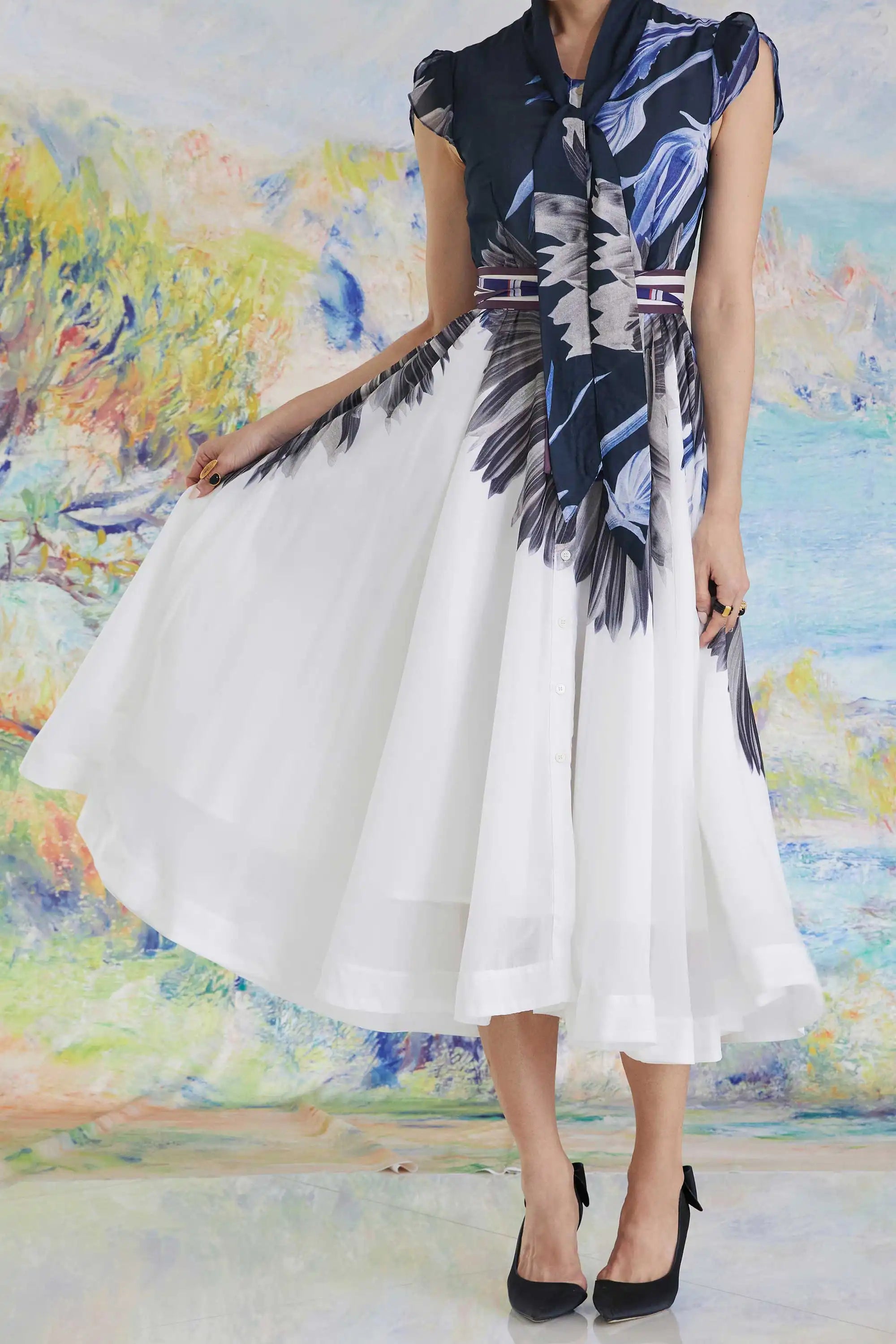 Snowdrop Sleeves Bow Tea Dress (Chicory)