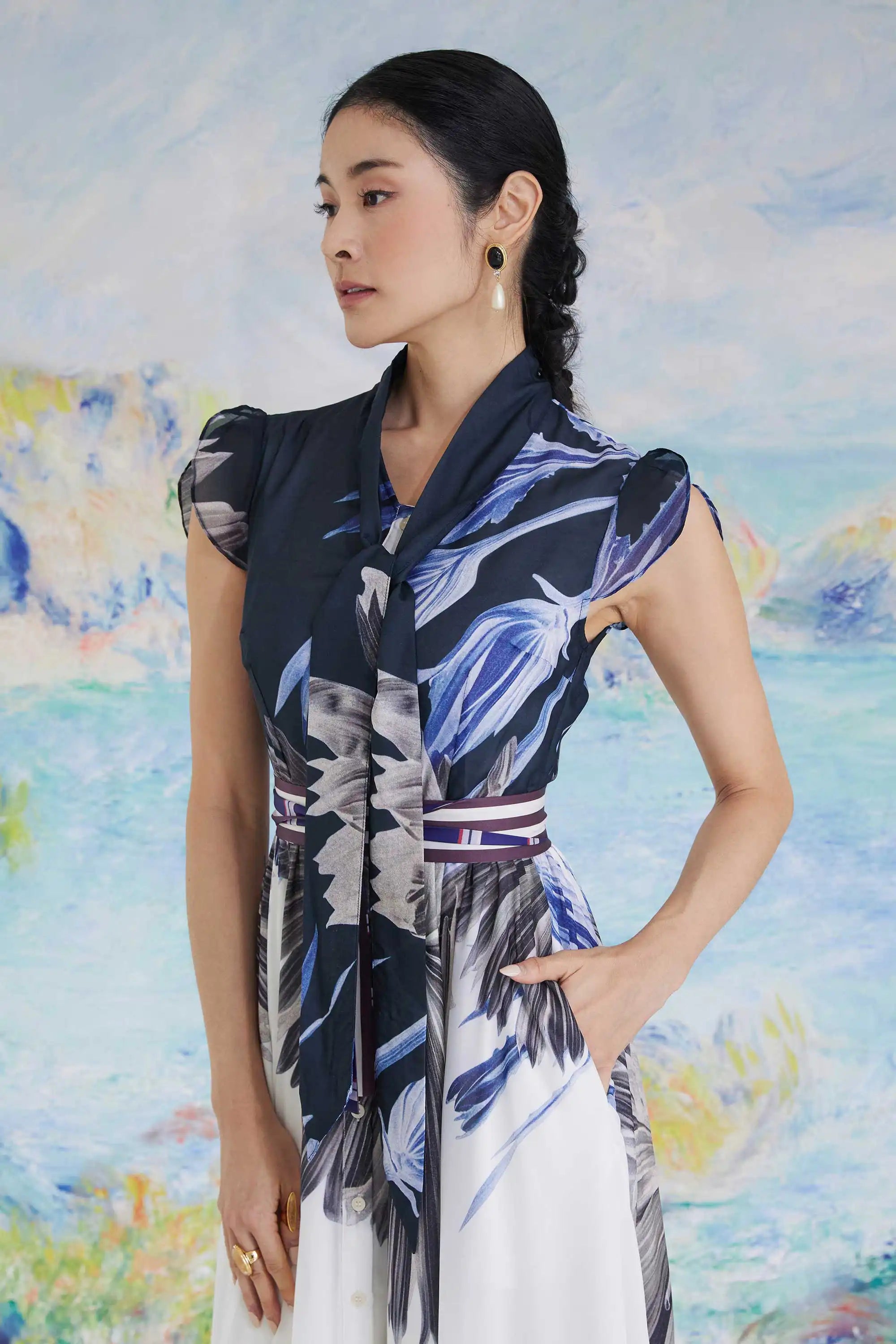 Snowdrop Sleeves Bow Tea Dress (Chicory)