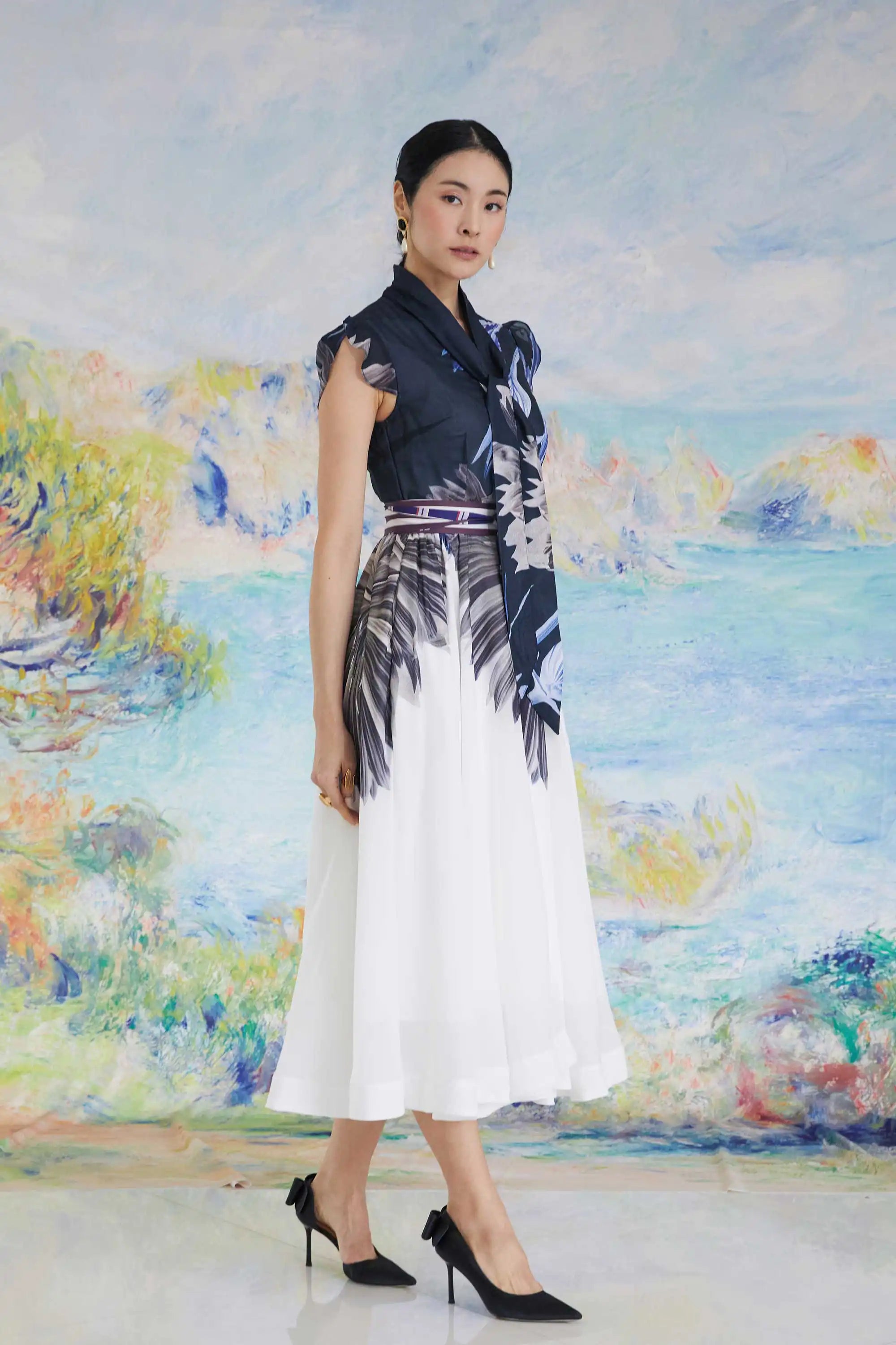 Snowdrop Sleeves Bow Tea Dress (Chicory)
