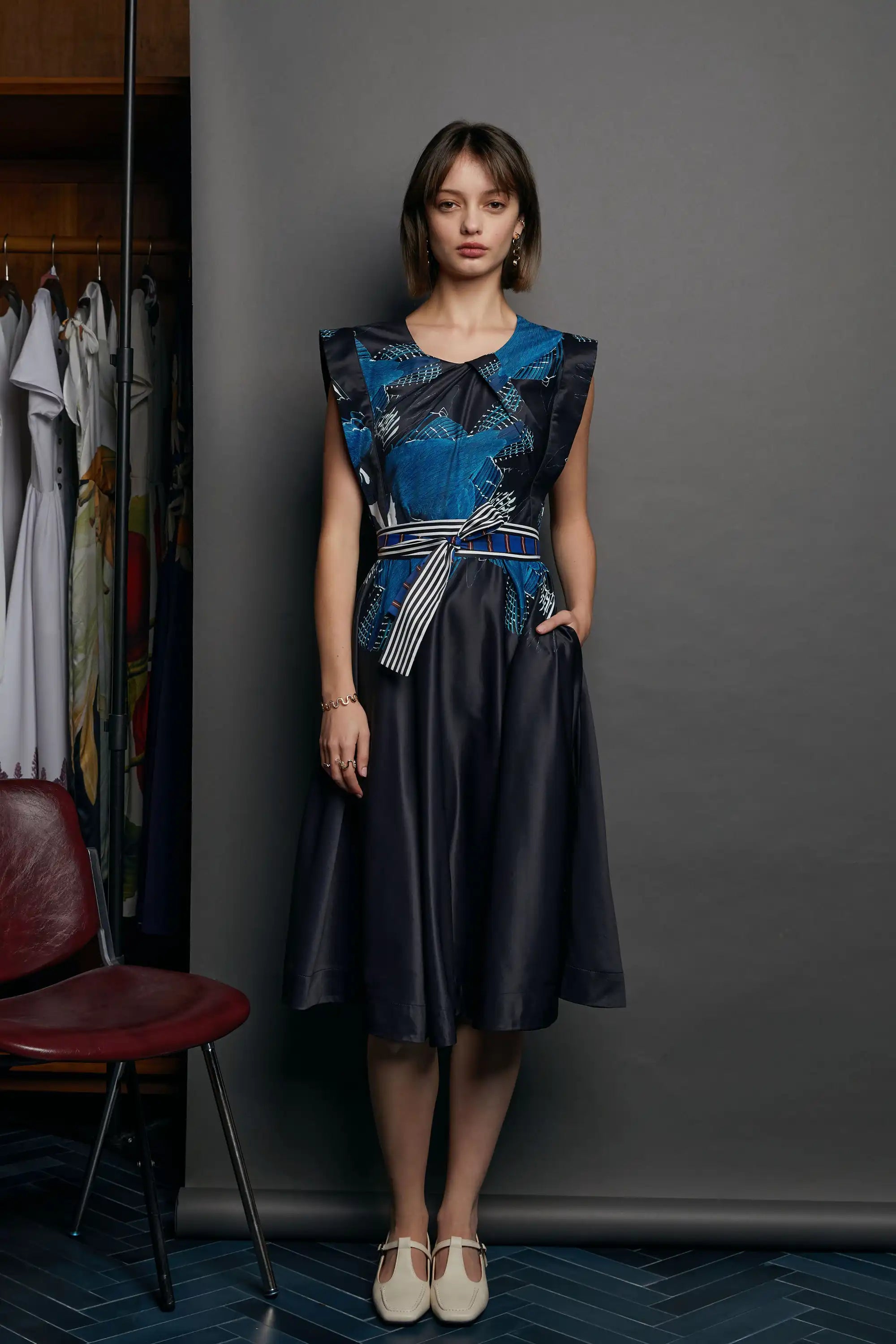 Square Sleeves Fold Dress (Belted Kingfisher)