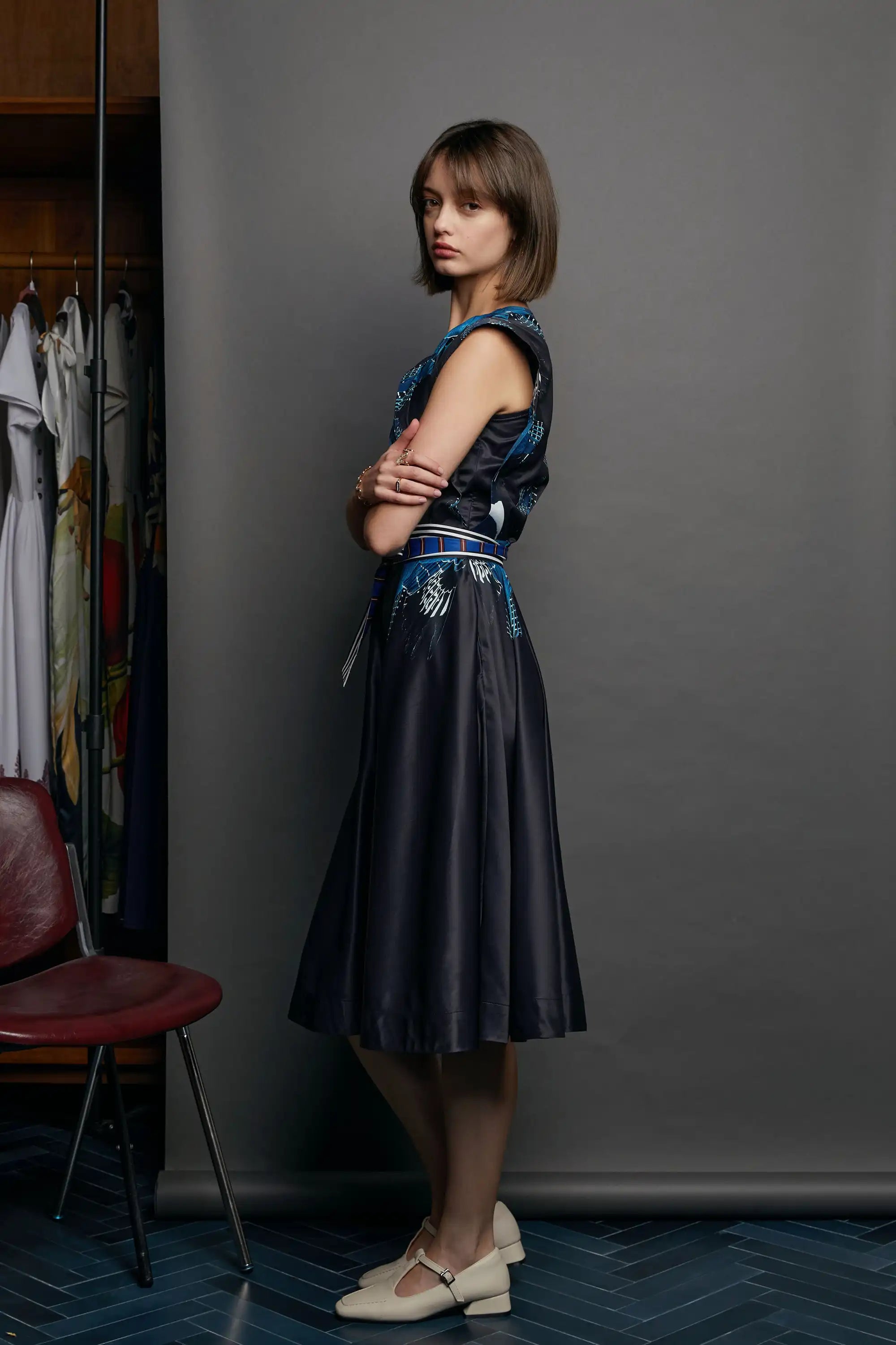 Square Sleeves Fold Dress (Belted Kingfisher)