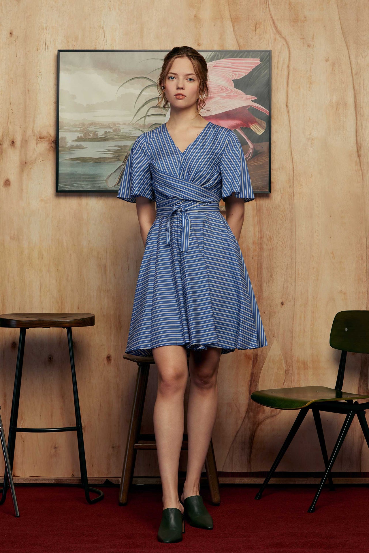 Criss-Cross Flutter Knee Dress (Dark Blue Stripes)