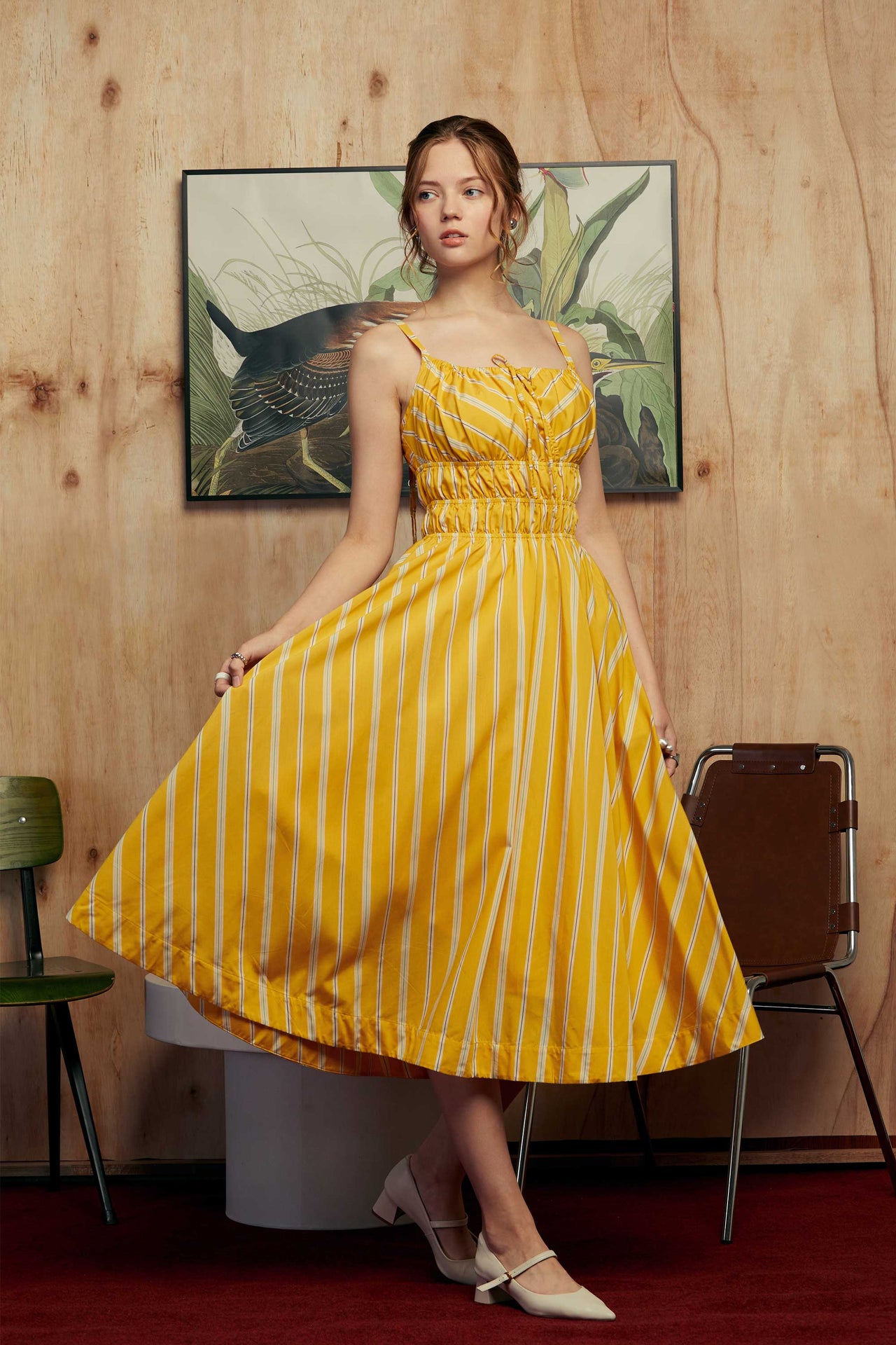 Sleeveless Cottage Midi Dress (Yellow Stripes)