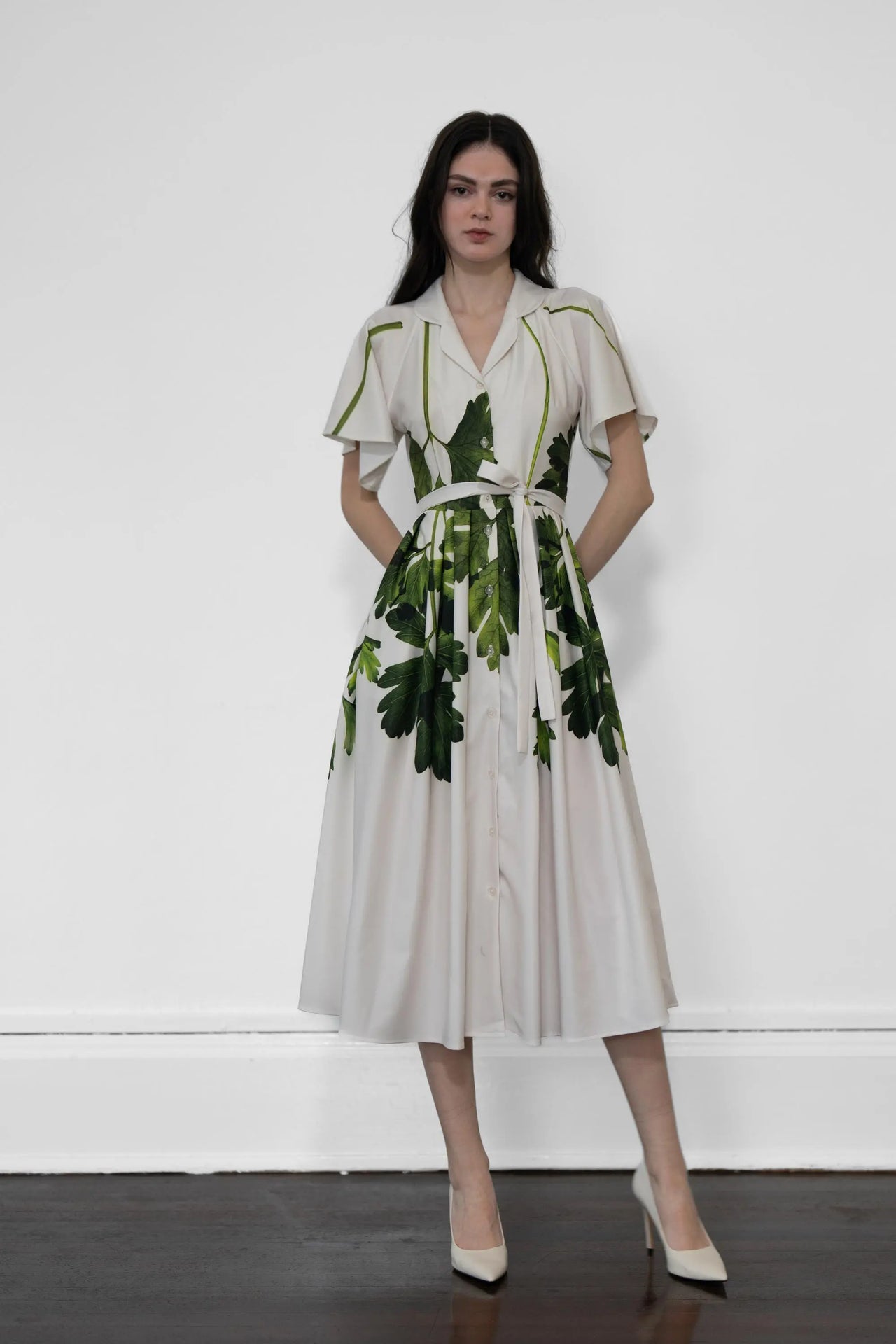 Flutter Sleeve Fit & Flare Midi Dress (Ecru Coriander)