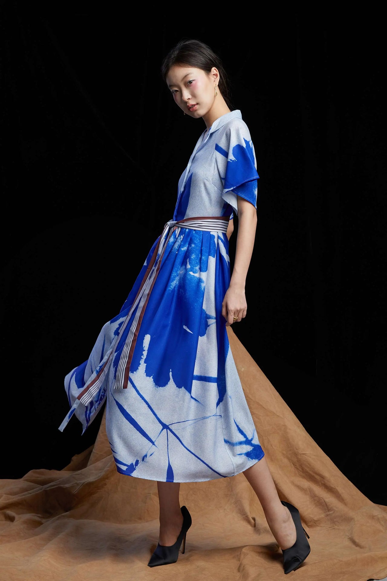 Flutter Sleeve Fit & Flare Midi Dress (Klein Blue Cyanotype)