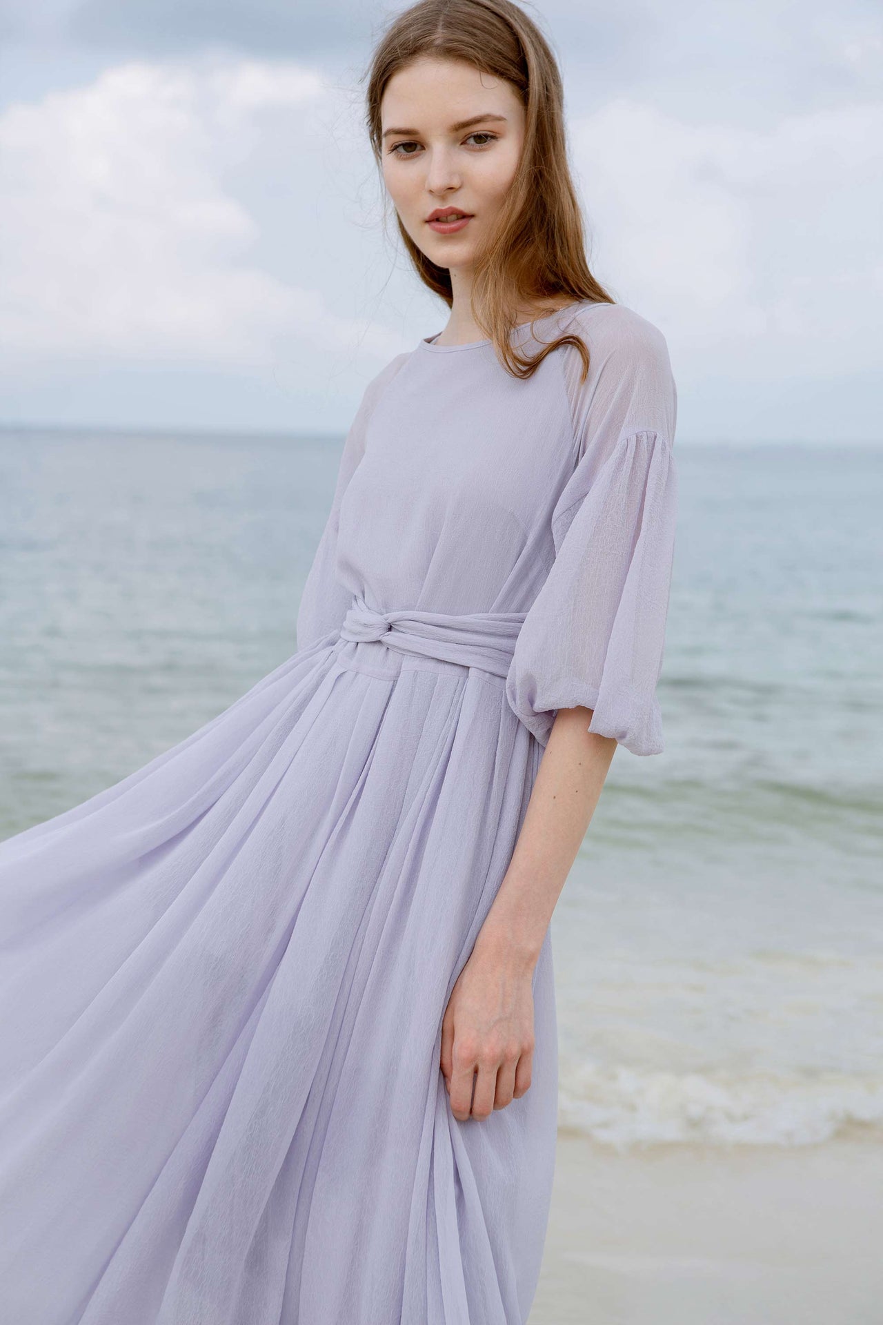 Back-To-Front Parachute Sleeves Midi Dress (Lavender)