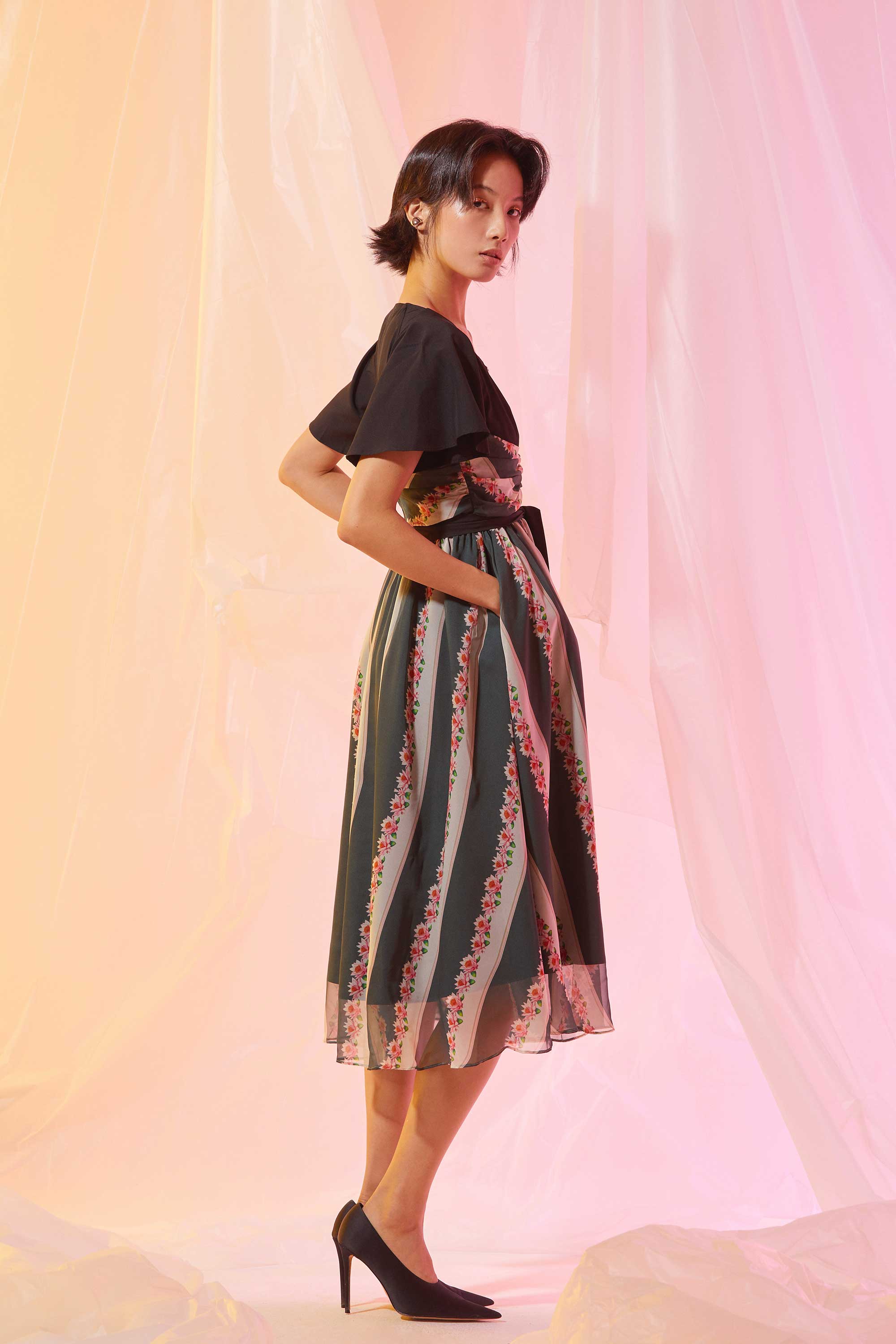 Interlace Flutter Sleeves Fit & Flare Dress (Eclipse)