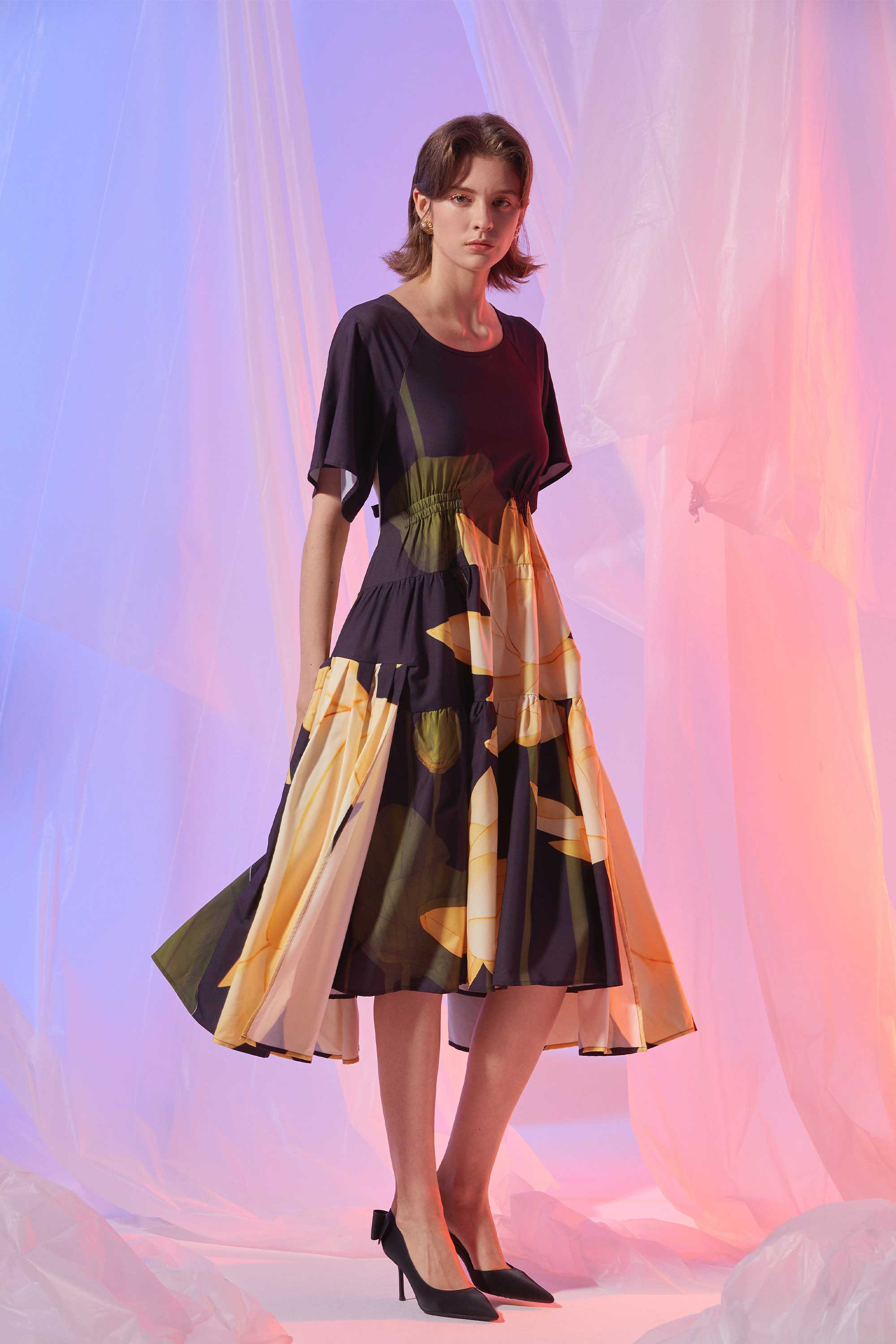 Flutter Sleeves Billowing Tea Dress (Vivid)