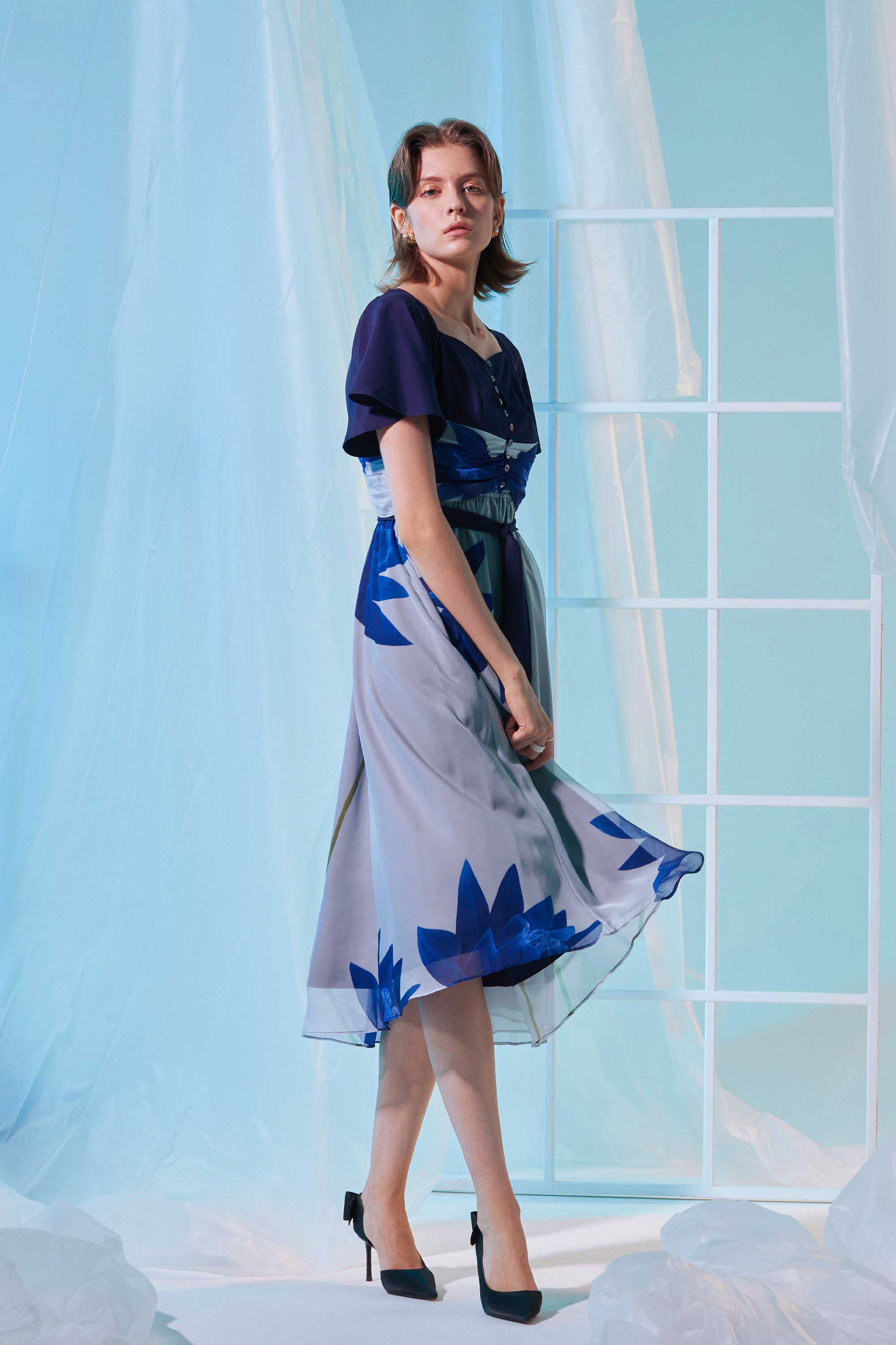 Interlace Flutter Sleeves Fit & Flare Dress (Chroma)