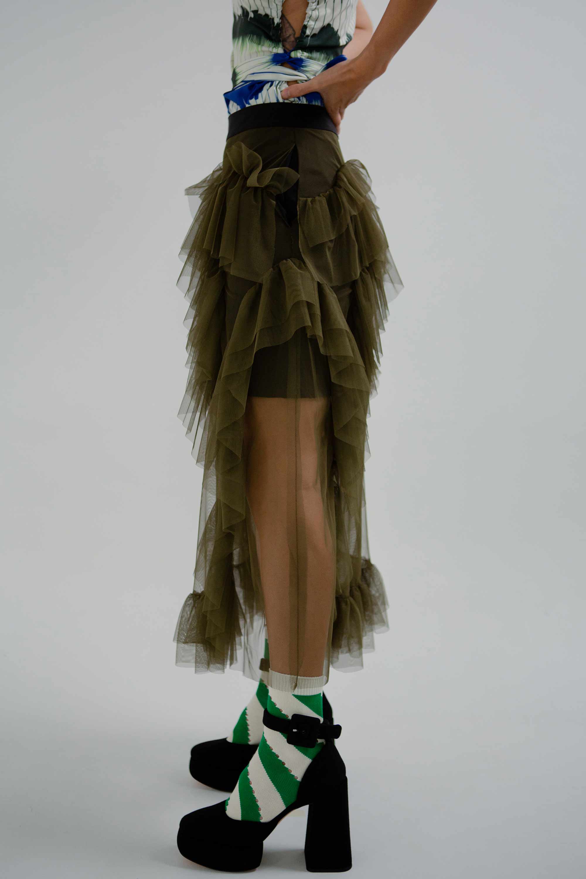 Undulating Tulle Skirt (Olive)