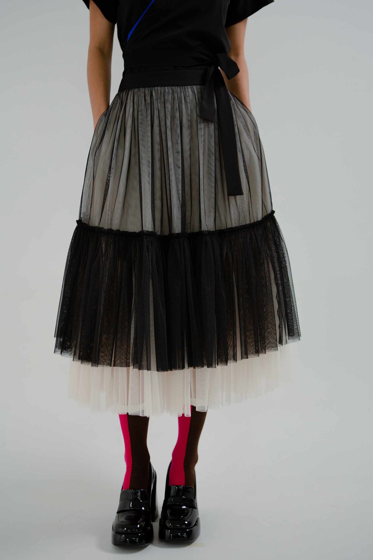 Two Tone Tulle Midi Skirt (Black & Ecru)