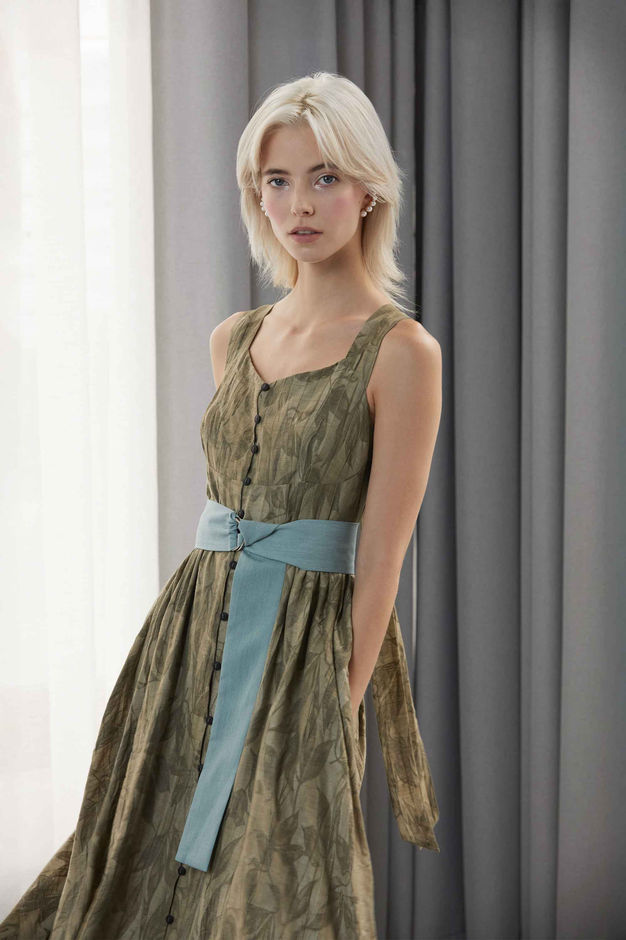 Bustier Drawstring Midi Dress (Dark Olive)