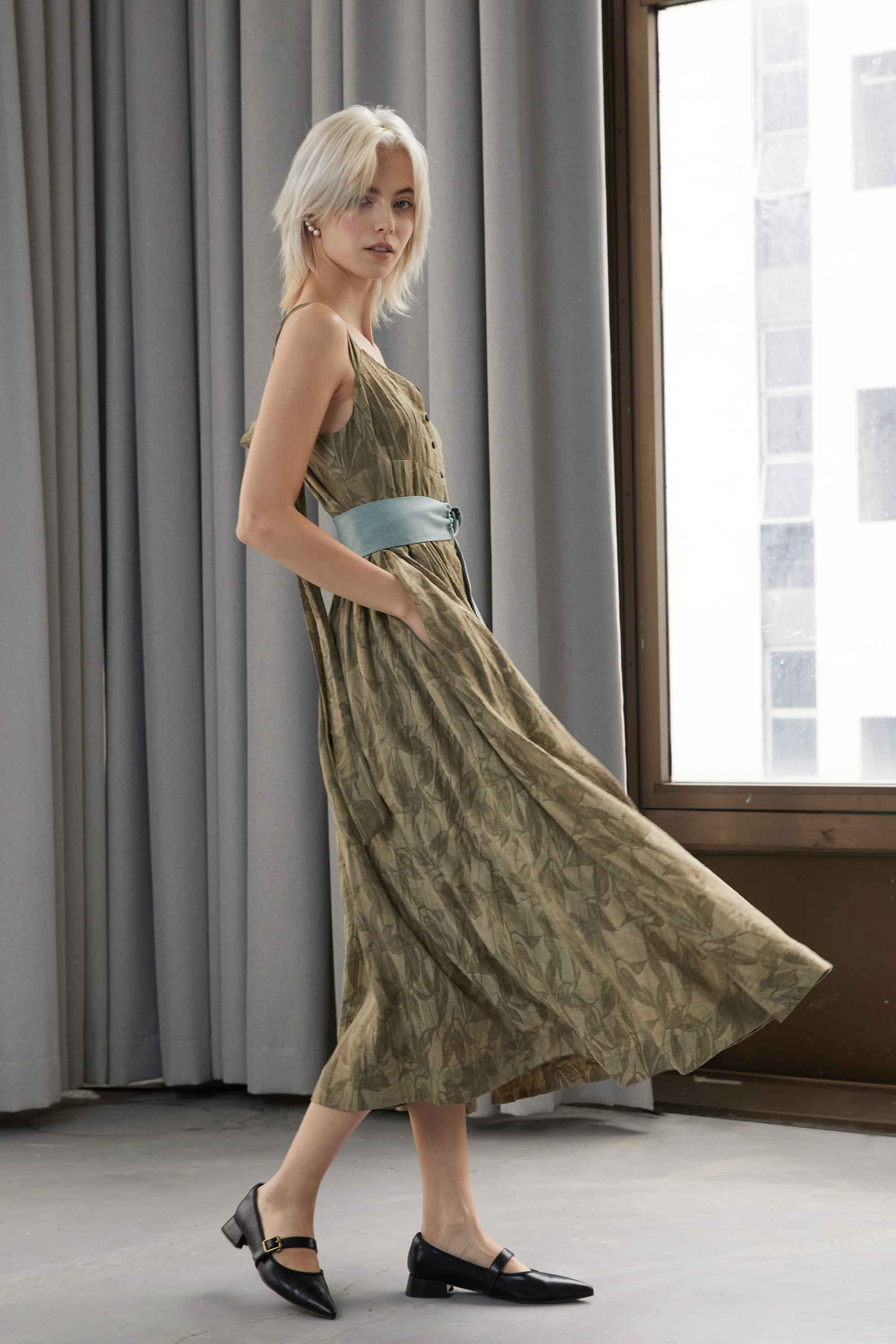 Bustier Drawstring Midi Dress (Dark Olive)
