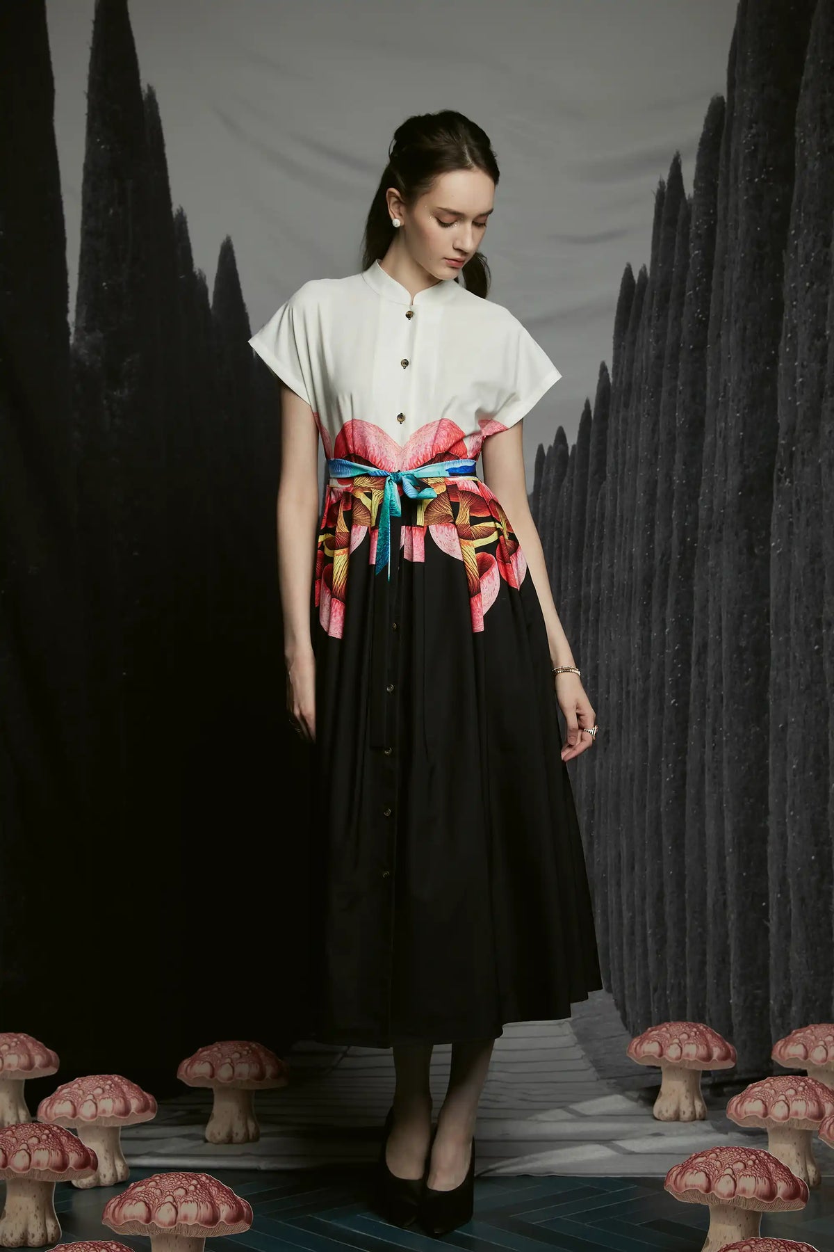 Chinese Collar Fit & Flare Dress (Boletus)