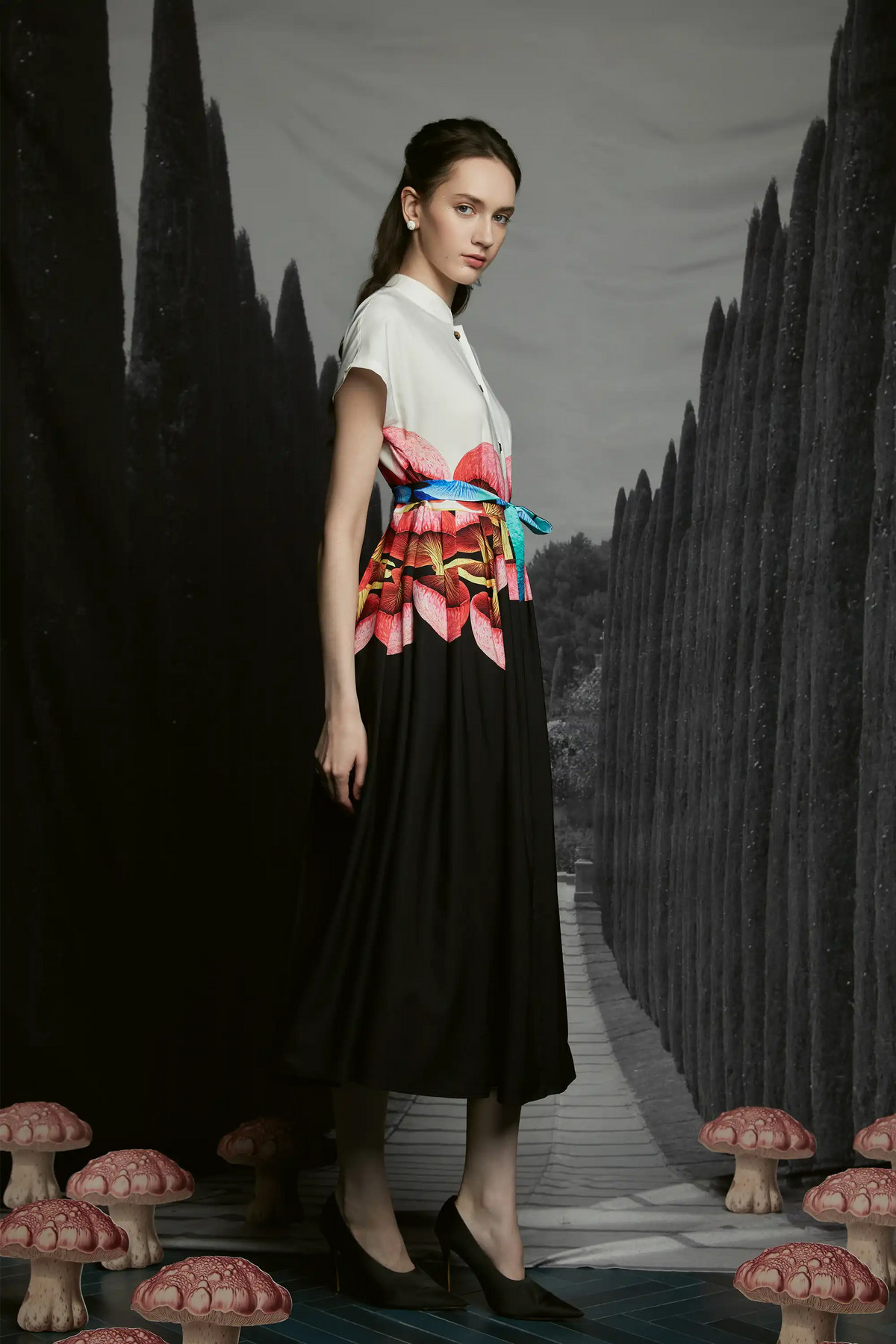 Chinese Collar Fit & Flare Dress (Boletus)