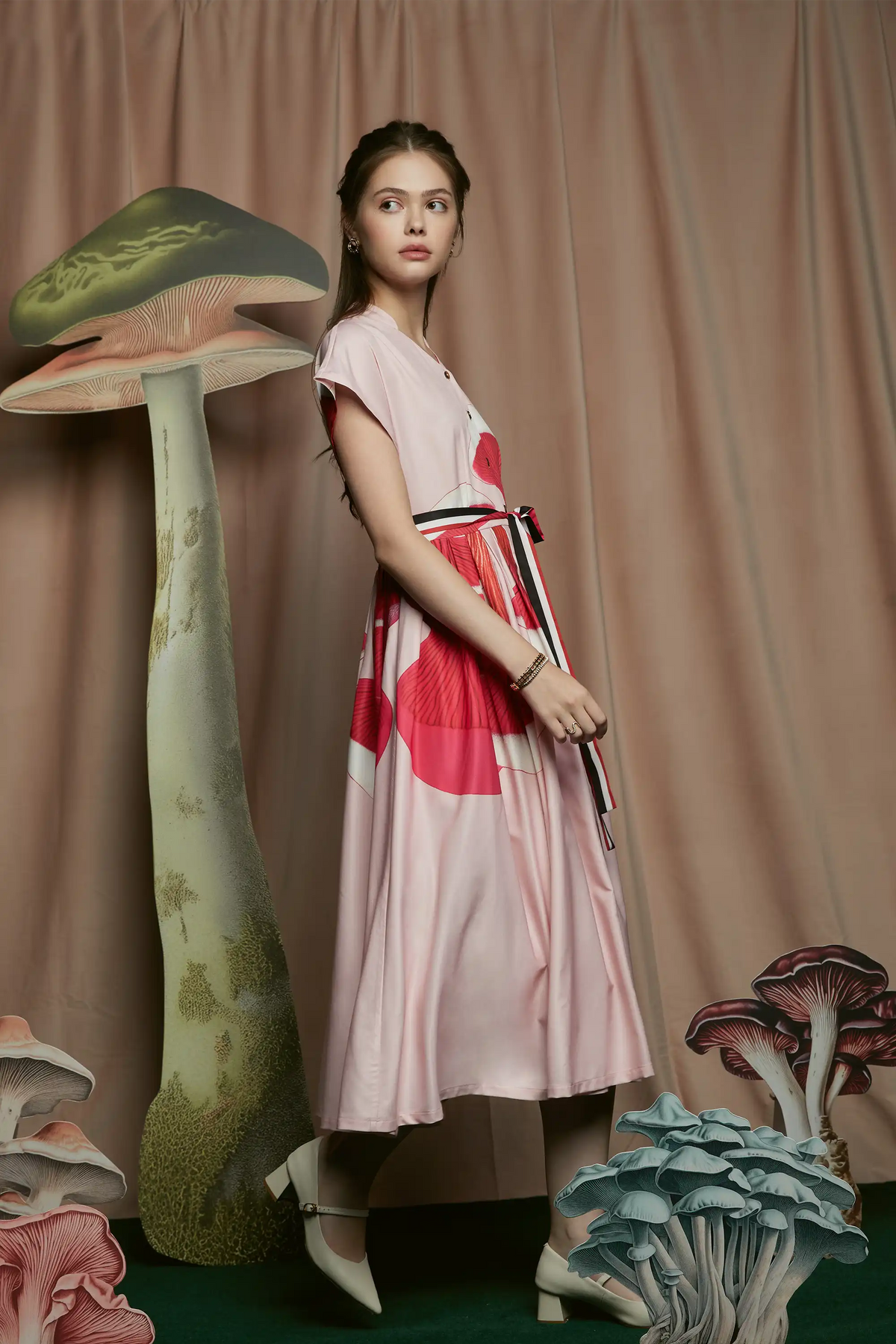 Stand Collar Dual Pleat Dress (Russula)