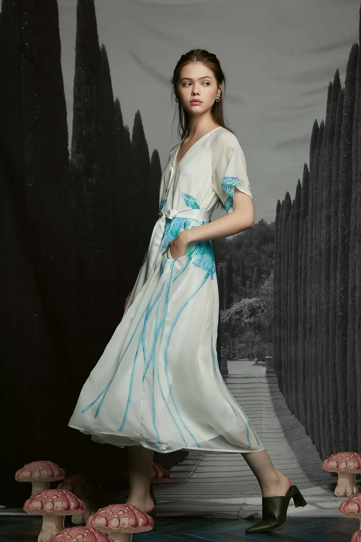 V-neck Box Pleat Dress (Ruby Bonnet)