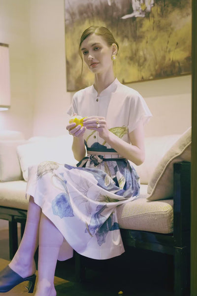 Video of Arrayed Bindweed print chinese collar fit and flare dress