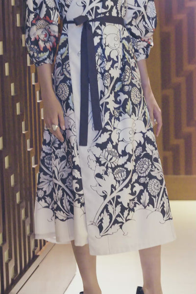 Video of Arrayed Peony print calla sleeve wrap maxi dress