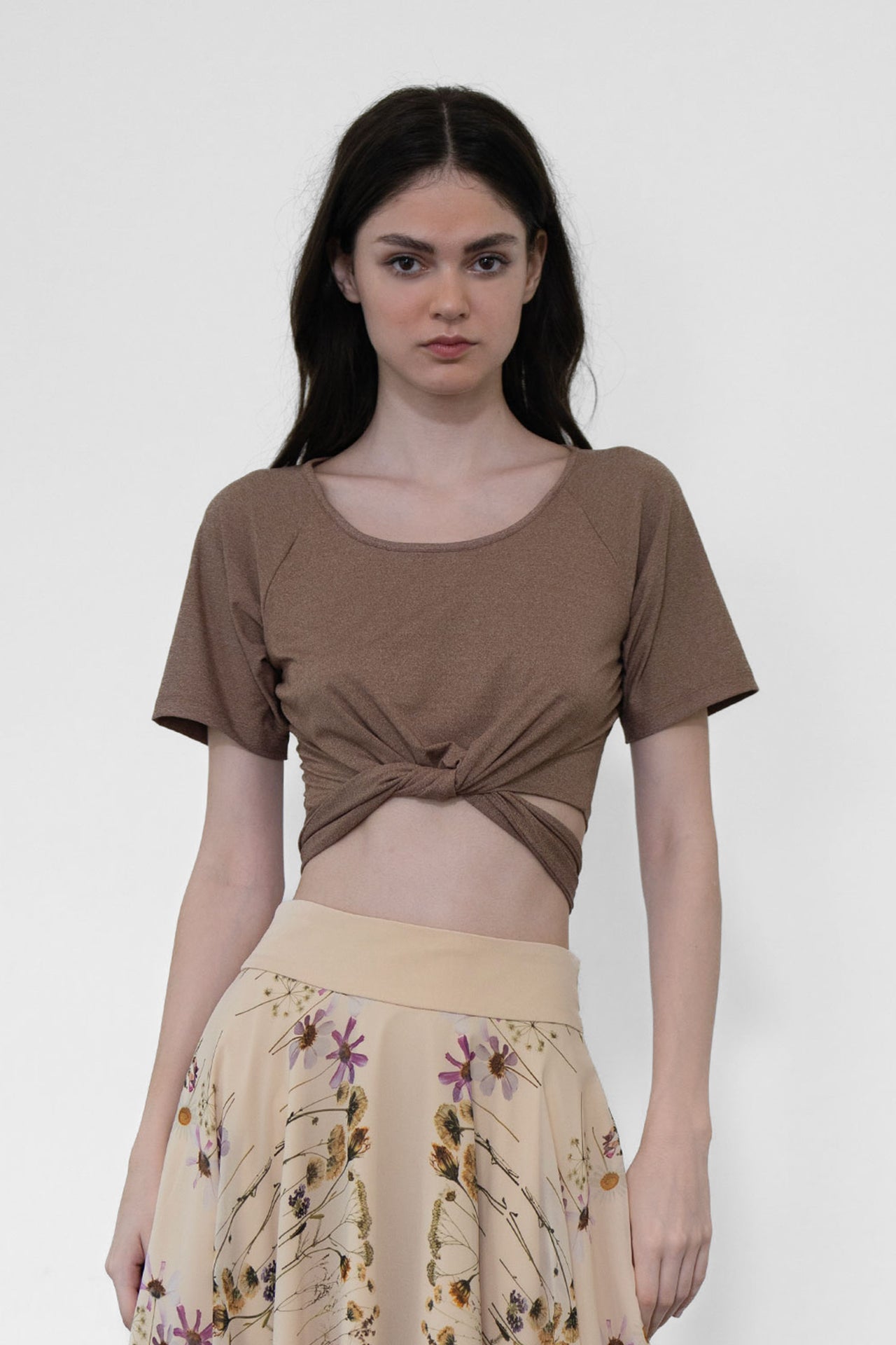 Criss-cross Cropped Wrap Top (Brown)