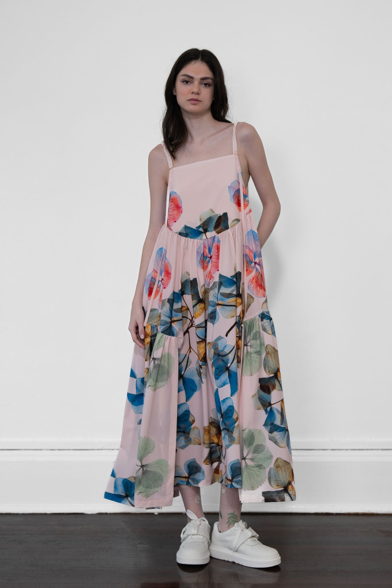 Drawstring Shoulders Billowing Dress (Pink Hydrangea)